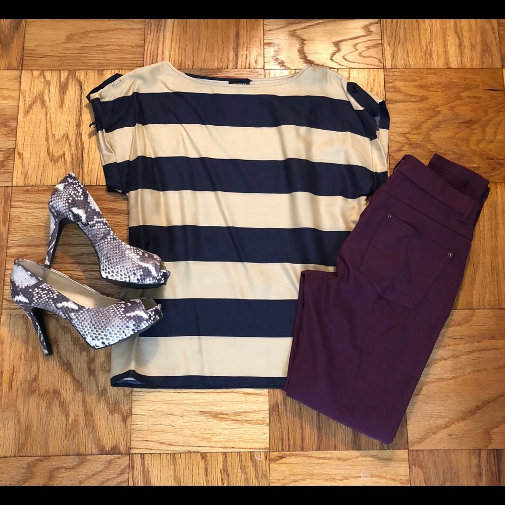 Talbots short sleeve navy blue stripe blouse